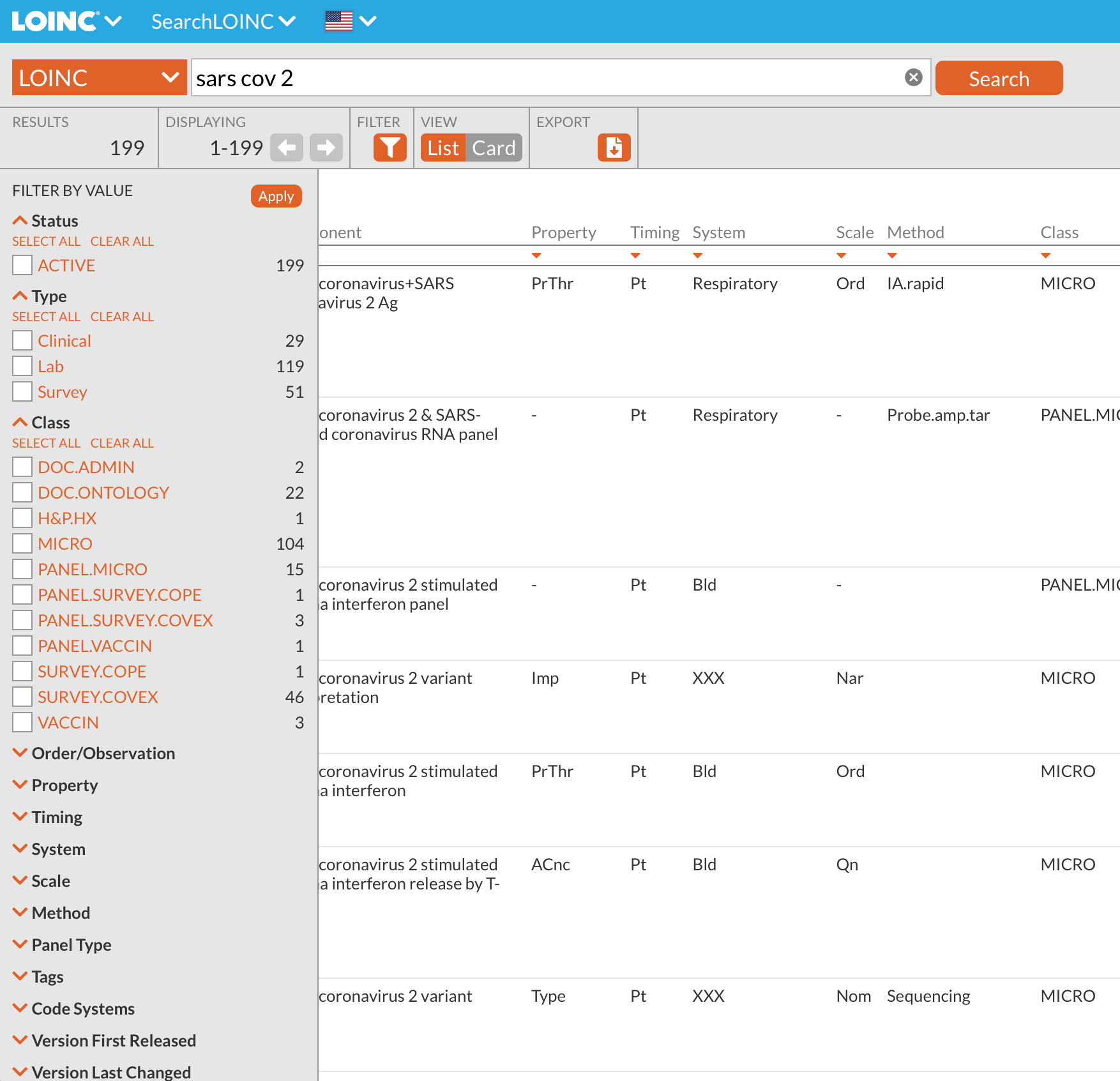 SearchLOINC filters menu